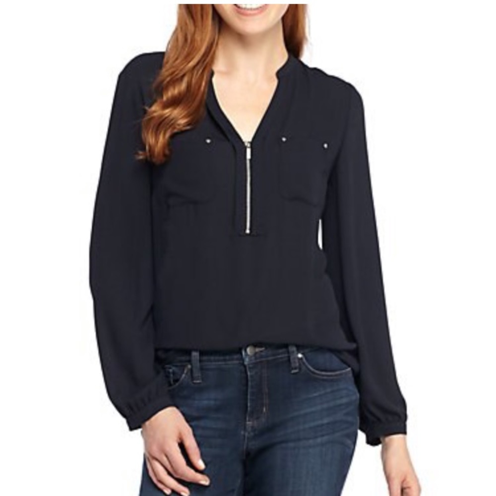 The Limited Two Pocket Zip Front Blouse - Navy - L